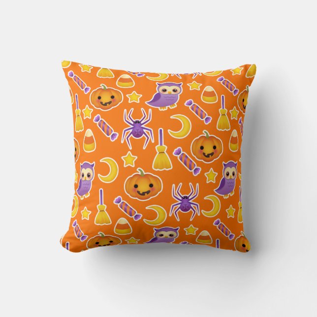 Cute Halloween Pumpkins Owls Spiders Pattern Throw Pillow (Front)