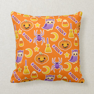 Cute Halloween Pumpkins Owls Spiders Pattern Throw Pillow
