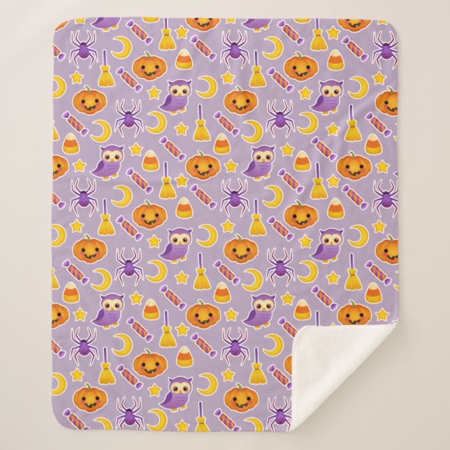 Cute Halloween Pumpkins Owls Spiders Stars Pattern Sherpa Blanket (Front)