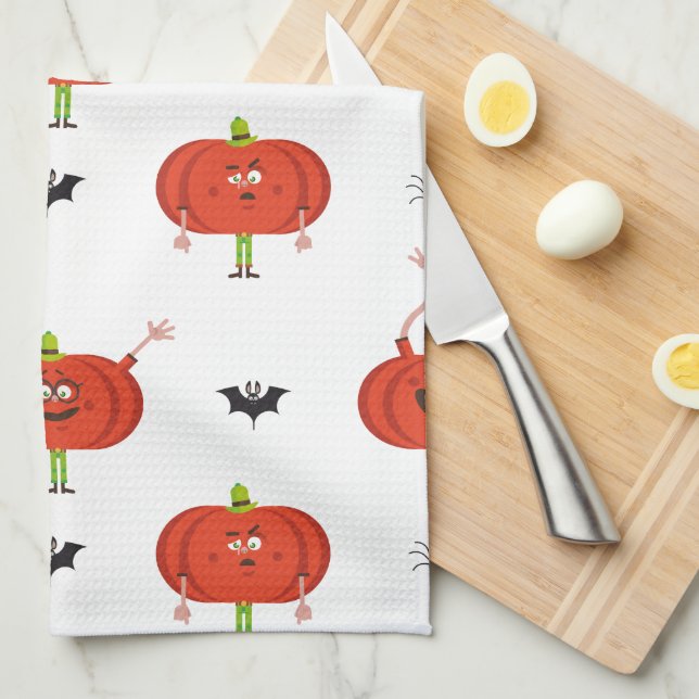 Cute halloween pumpkins, spider & bat pattern kitchen towel (Quarter Fold)