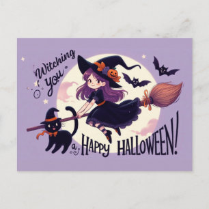 Cute Halloween Pun with Witch and Cat Postcard
