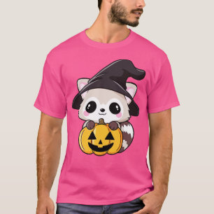 Cute Halloween raccoon in a witch hat and pumpkin  T-Shirt