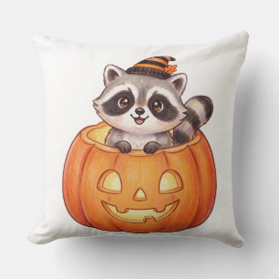 Cute Halloween Raccoon in Jack-o'-Lantern Pumpkin  Throw Pillow