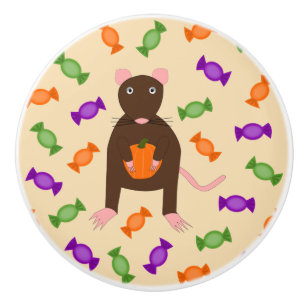 Cute Halloween Rat and Pumpkin Ceramic Knob