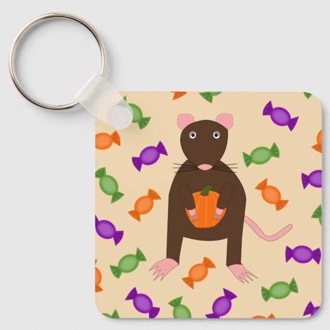 Cute Halloween Rat and Pumpkin Custom Keychain (Front)