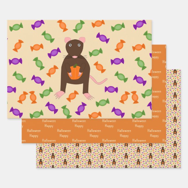 Cute Halloween Rat and Pumpkin Custom Wrapping Paper Sheet (Set)