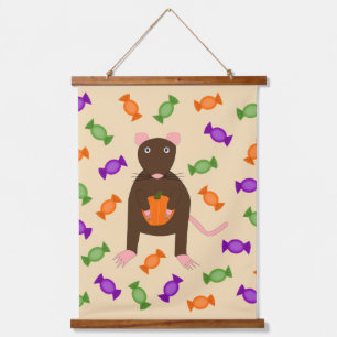 Cute Halloween Rat and Pumpkin Hanging Tapestry