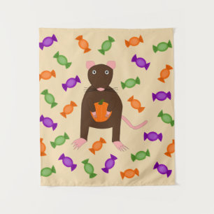 Cute Halloween Rat and Pumpkin Tapestry