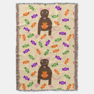 Cute Halloween Rat and Pumpkin Throw Blanket