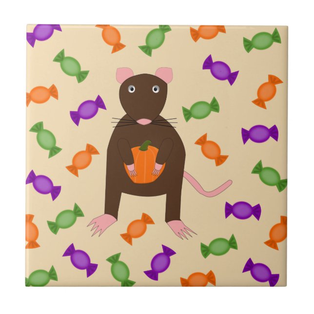 Cute Halloween Rat and Pumpkin Tile (Front)