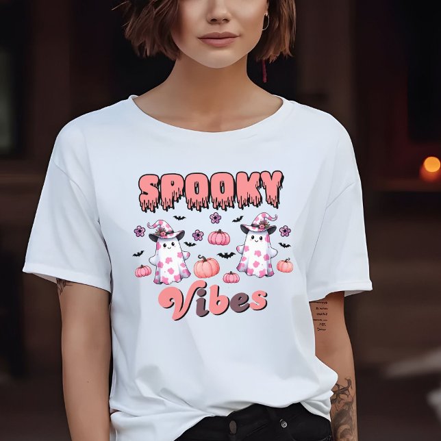 Cute Halloween Retro Spooky Vibes Ghosts Pink T-Shirt (Creator Uploaded)