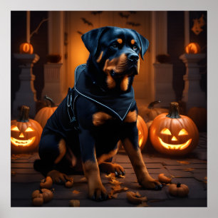Cute Halloween Rottweiler Dog Night with Pumpkins Poster