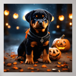 Cute Halloween Rottweiler Puppy Dog w Pumpkins Poster