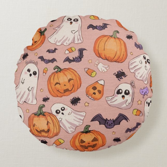  Cute Halloween Round Pillow – Pumpkins & Ghosts  (Front)