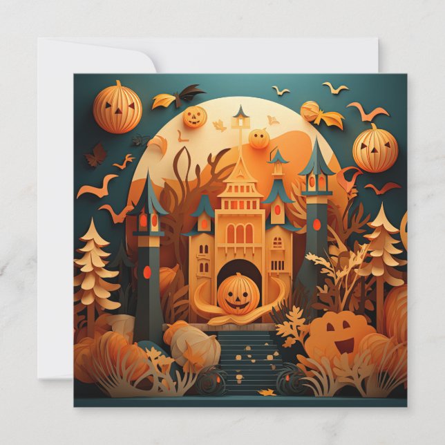 Cute Halloween Scene 3D Effect Design Card (Front)