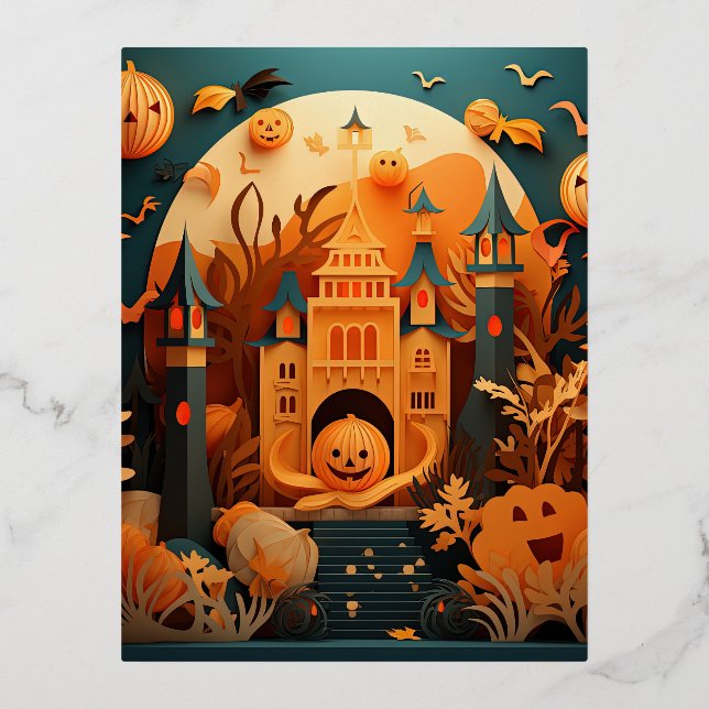 Cute Halloween Scene 3D Effect Design Foil Holiday Postcard (Front)