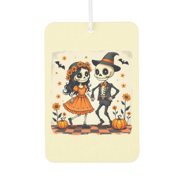 Cute Halloween Skeleton Couple in Orange Air Freshener (Front)