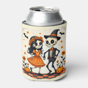 Cute Halloween Skeleton Couple in Orange Can Cooler