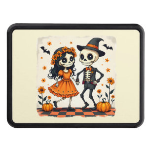 Cute Halloween Skeleton Couple in Orange Trailer Hitch Cover