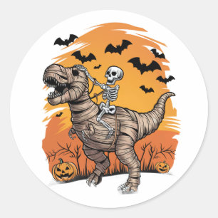 Cute Halloween Skeleton Riding Mummy T-Rex Sticker