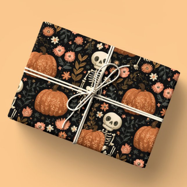 Cute Halloween Skeletons and Pumpkins Pattern Wrapping Paper (Creator Uploaded)