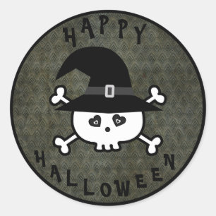 Cute Halloween Skull With Witches Hat Classic Round Sticker