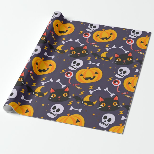 Cute Halloween Skulls, Cats & Pumpkin Smiles Gift Wrapping Paper (Unrolled)