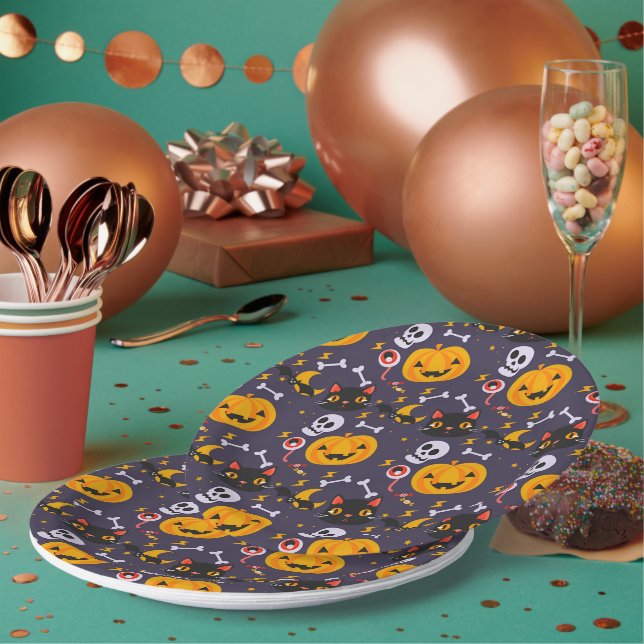 Cute Halloween Skulls, Cats & Pumpkin Smiles Party Paper Plate (Multi)