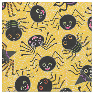 Cute Halloween Spiders Yellow Orange Fabric