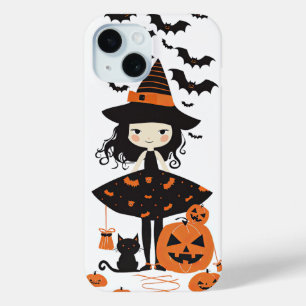 Cute Halloween Spooky Witch Black Cat Bats Pumpkin iPhone 15 Case