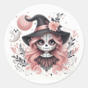Cute Halloween Sugar Skull Witch Classic Round Sticker