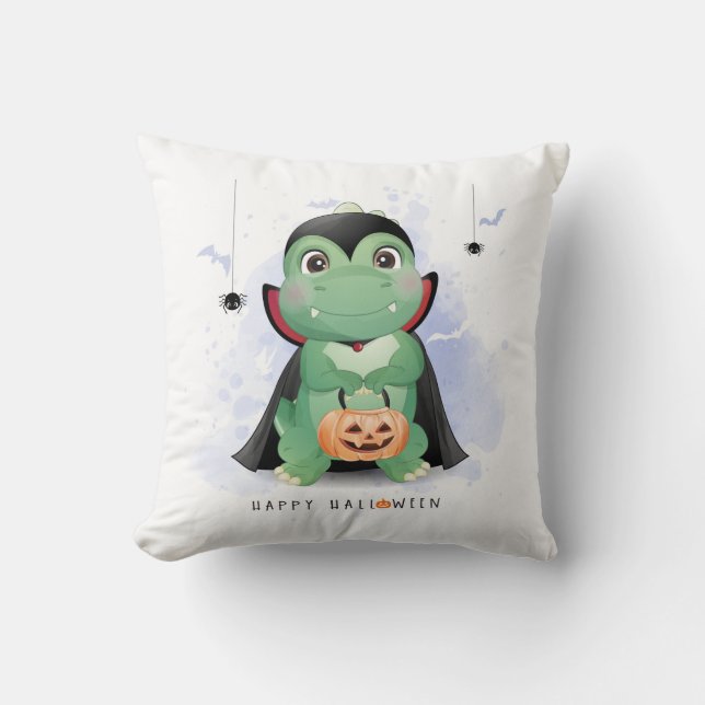 Cute Halloween T Rex Dinosaur Spider Flying Bat Throw Pillow (Front)