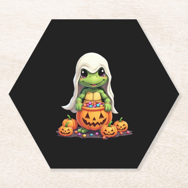 Cute Halloween Turtle Ghost with Candy (1) Paper Coaster (Front)