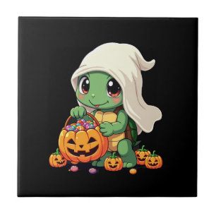 Cute Halloween Turtle Ghost with Candy (3) Tile
