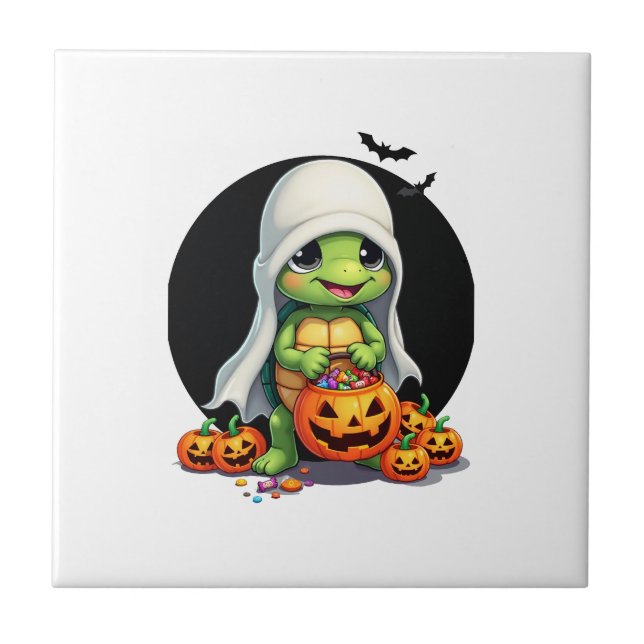 Cute Halloween Turtle Ghost with Candy (7) Tile (Front)