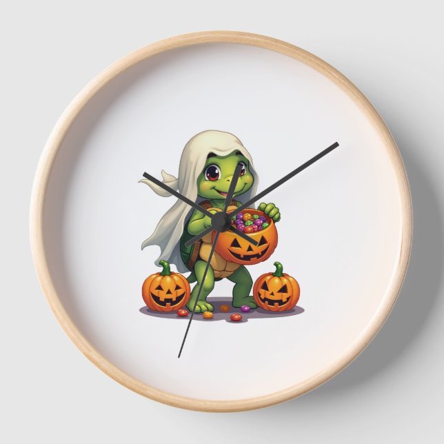 Cute Halloween Turtle Ghost with Candy (8) Clock (Front)