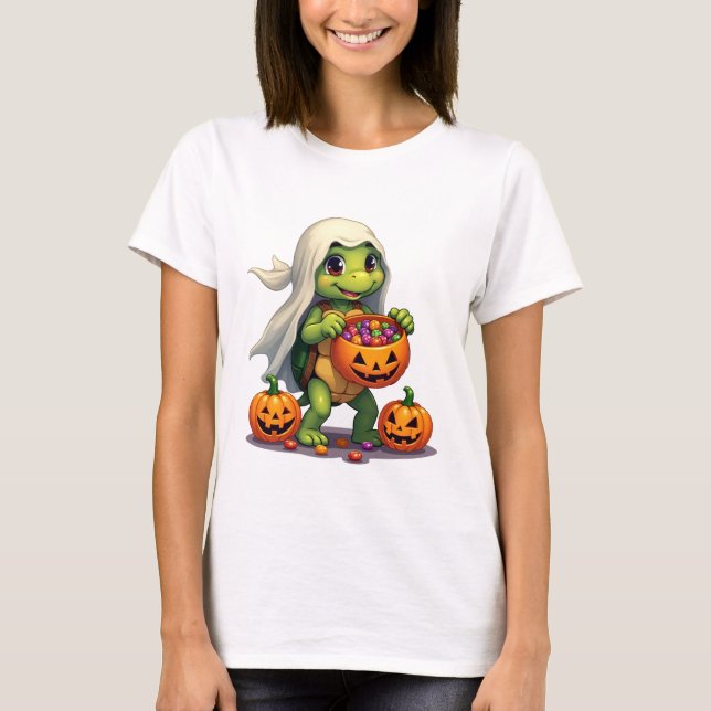 Cute Halloween Turtle Ghost with Candy (8) T-Shirt (Front)