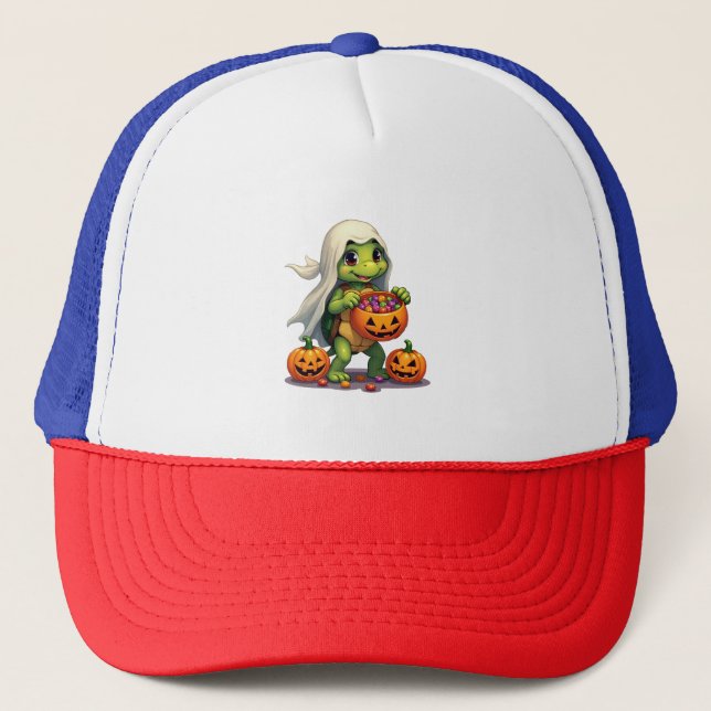 Cute Halloween Turtle Ghost with Candy (8) Trucker Hat (Front)