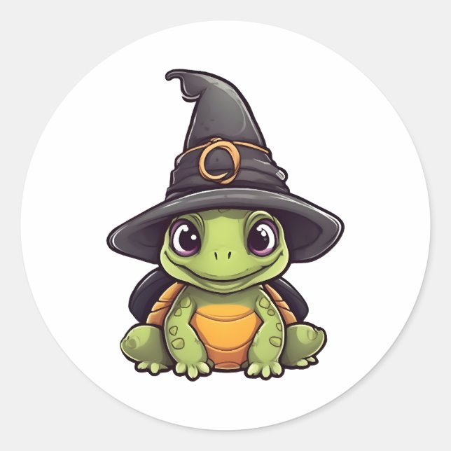 Cute Halloween turtle with a witch hat. Classic Round Sticker (Front)