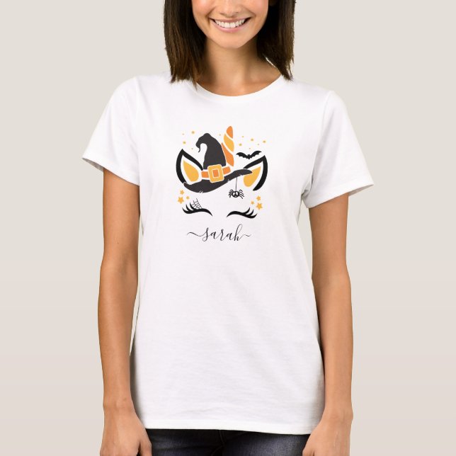 Cute Halloween Unicorn Witch Hat T-Shirt (Front)