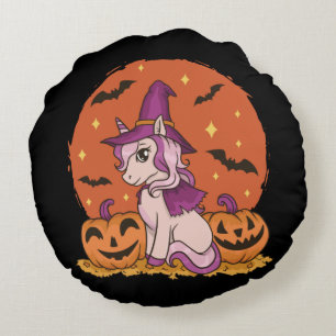 Cute Halloween Unicorn Witch Kawaii Pumpkin Round Pillow
