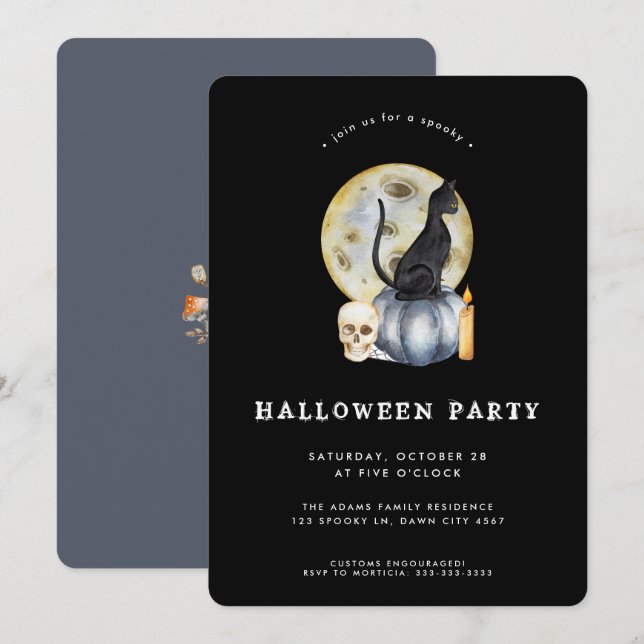 Cute Halloween Watercolor Cat Moon Party Invitation (Front/Back)