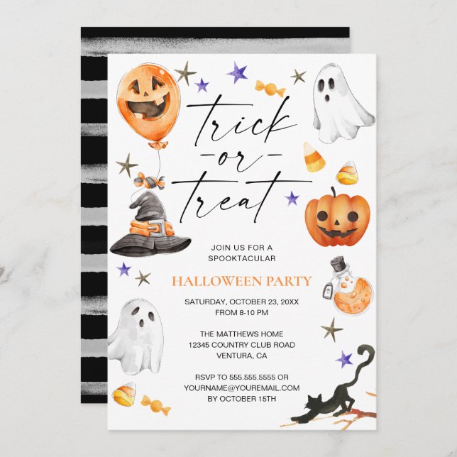 Cute Halloween Watercolor Party Invitation (Front/Back)