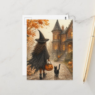 Cute Halloween Witch and Black Cat Postcard