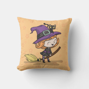 Cute Halloween Witch and Cat   Throw Pillow