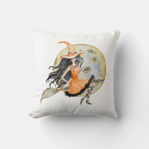 Cute Halloween Witch and Moon Throw Pillow