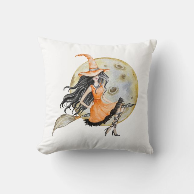 Cute Halloween Witch and Moon Throw Pillow (Front)