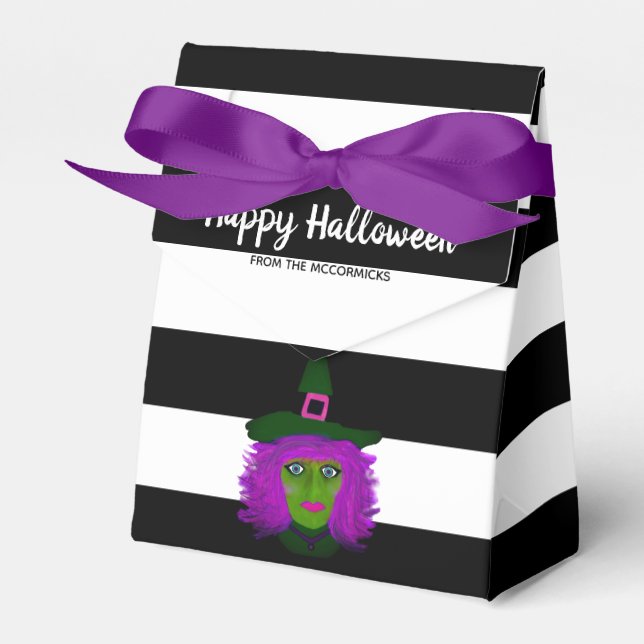 Cute Halloween Witch Black Striped Party Name Favor Box (Front Side)