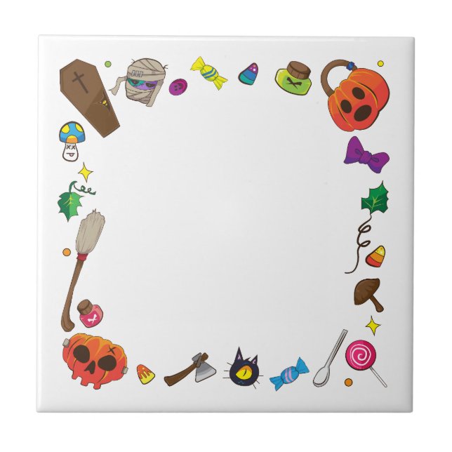 Cute Halloween Witch Broomstick white Tile (Front)
