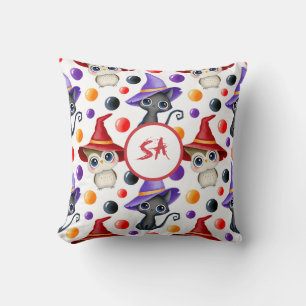 Cute Halloween Witch Cat and Owl Red Purple White Throw Pillow
